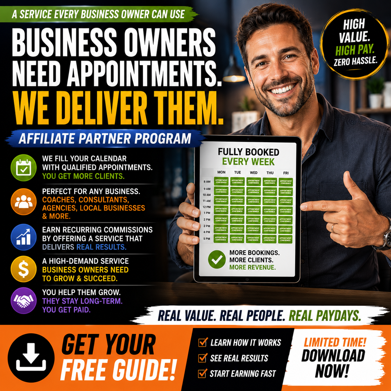 Affiliate partner ad creative about delivering business-owner appointments and recurring paydays.