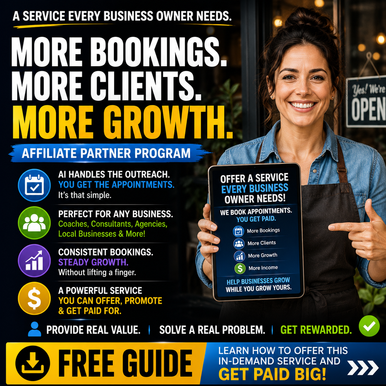 Affiliate partner ad creative promoting more bookings, more clients, and more growth for business owners.