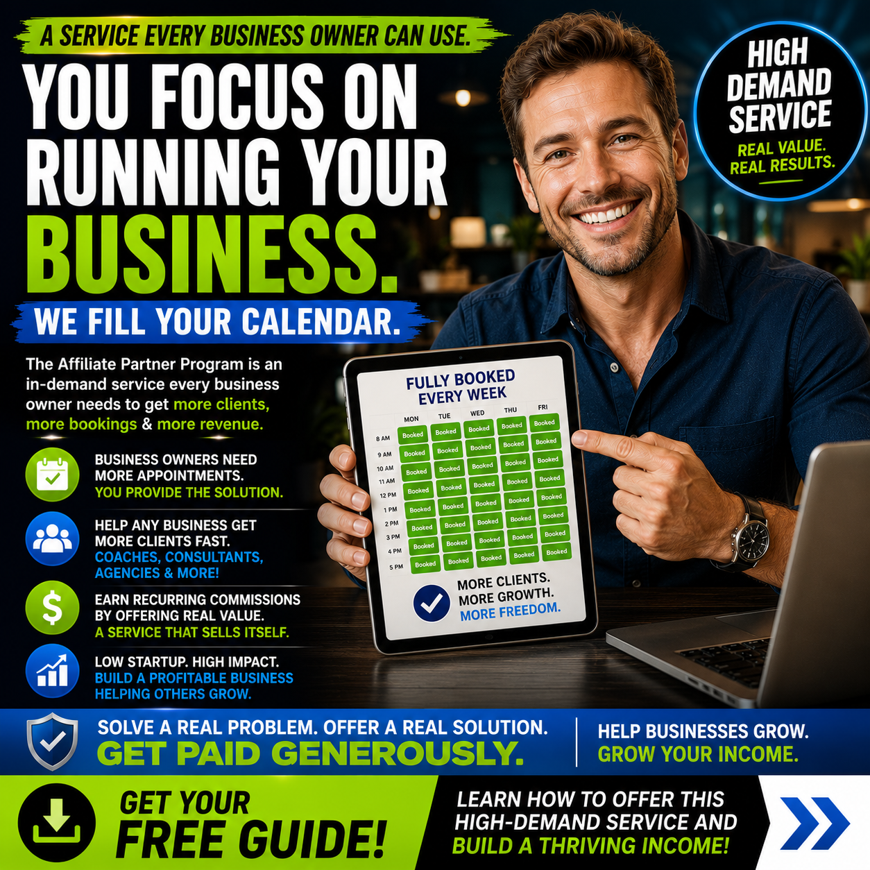 Affiliate partner ad creative showing a fully booked calendar and generous payouts for helping businesses grow.