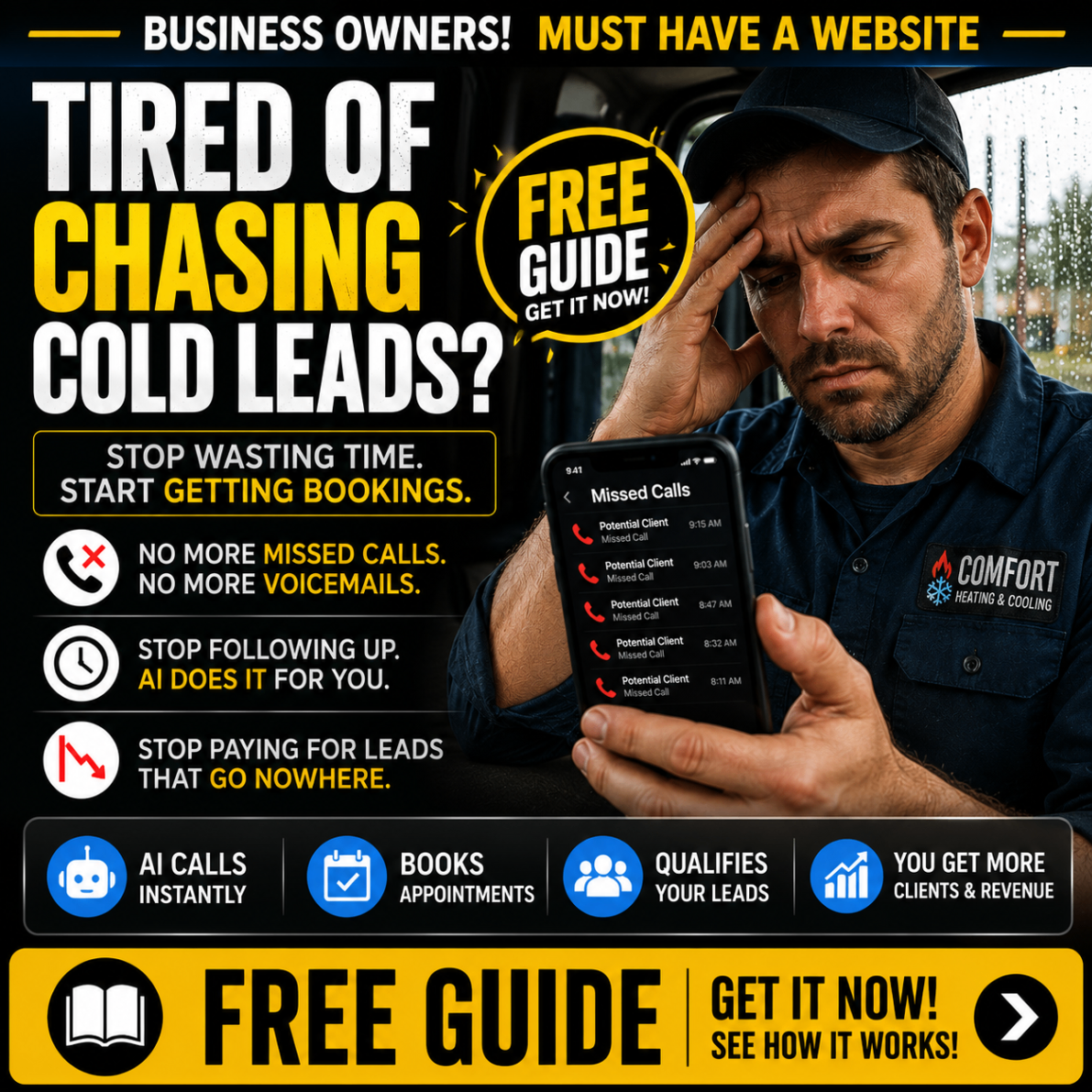 Customer acquisition ad creative about business owners tired of chasing cold leads.