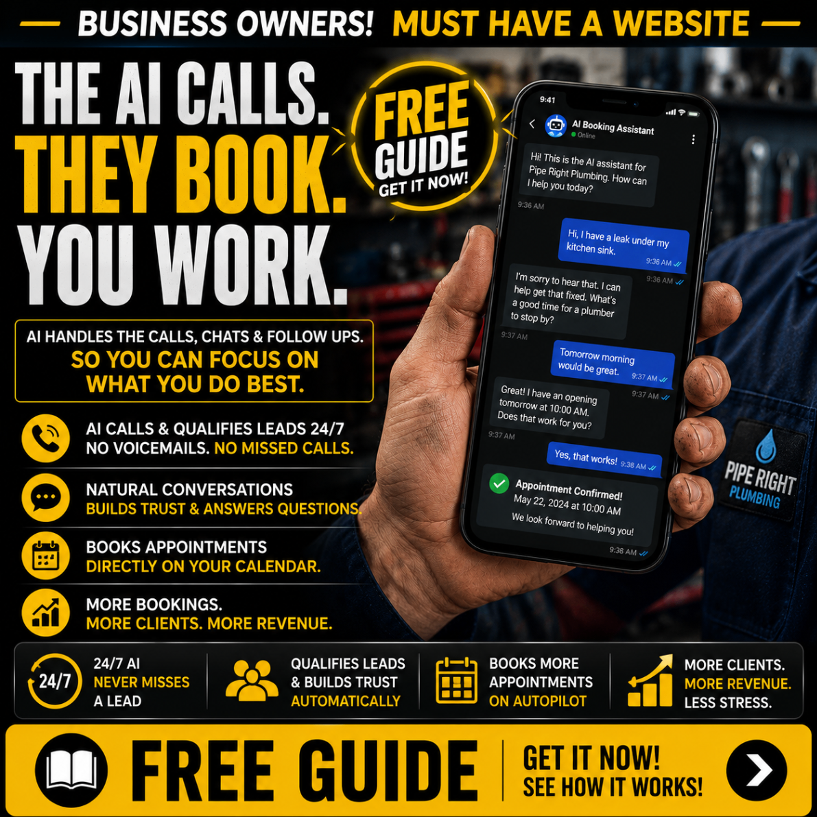Customer acquisition ad creative showing AI calling, booking, and handling follow-up for business owners.