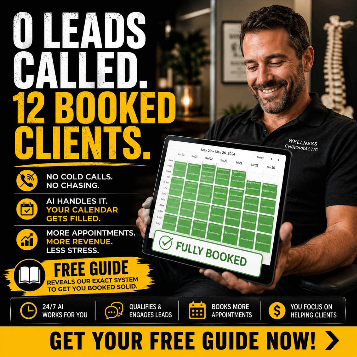 Customer acquisition ad creative showing fully booked results for business owners.