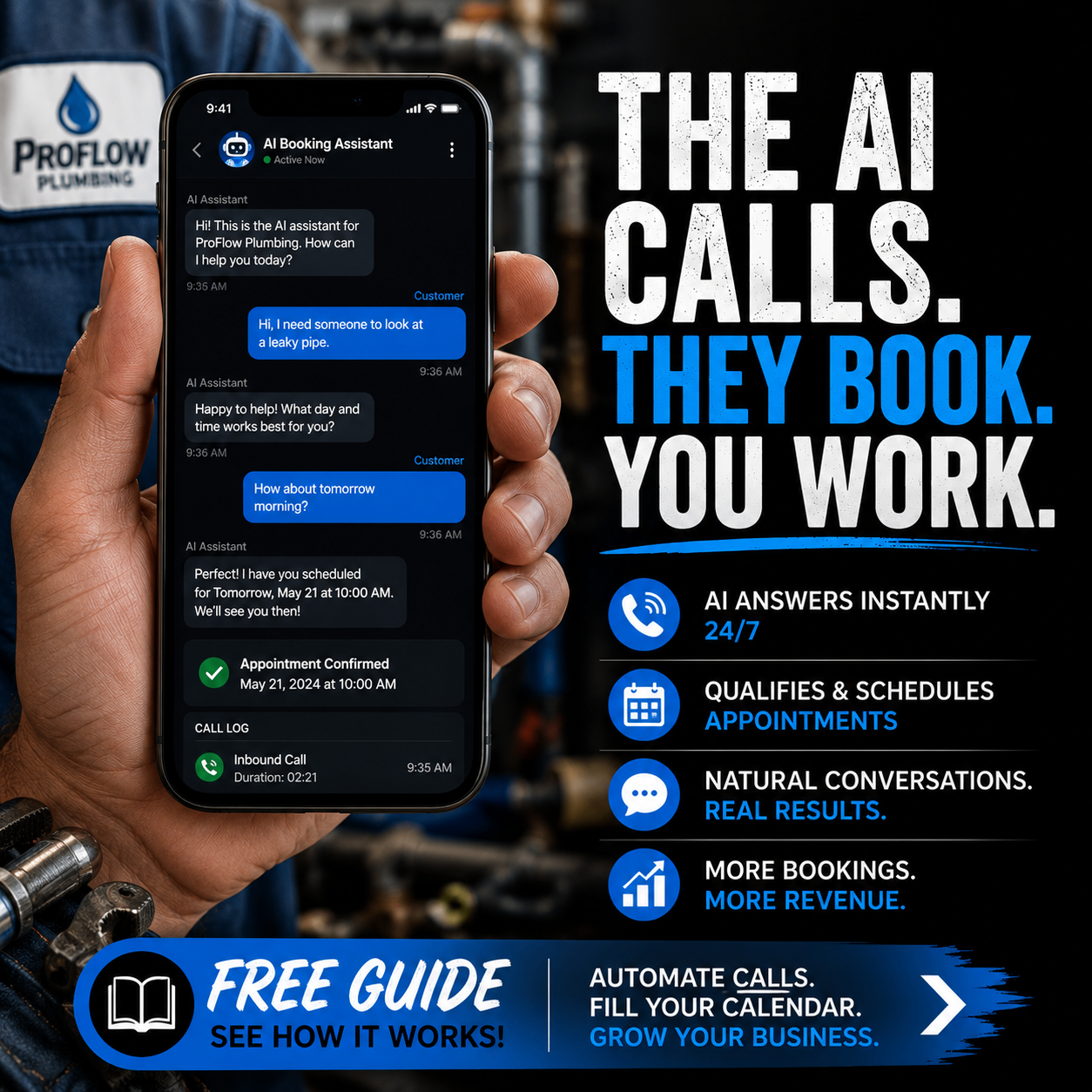 Customer acquisition ad creative focused on AI calling and booking for plumbing businesses.