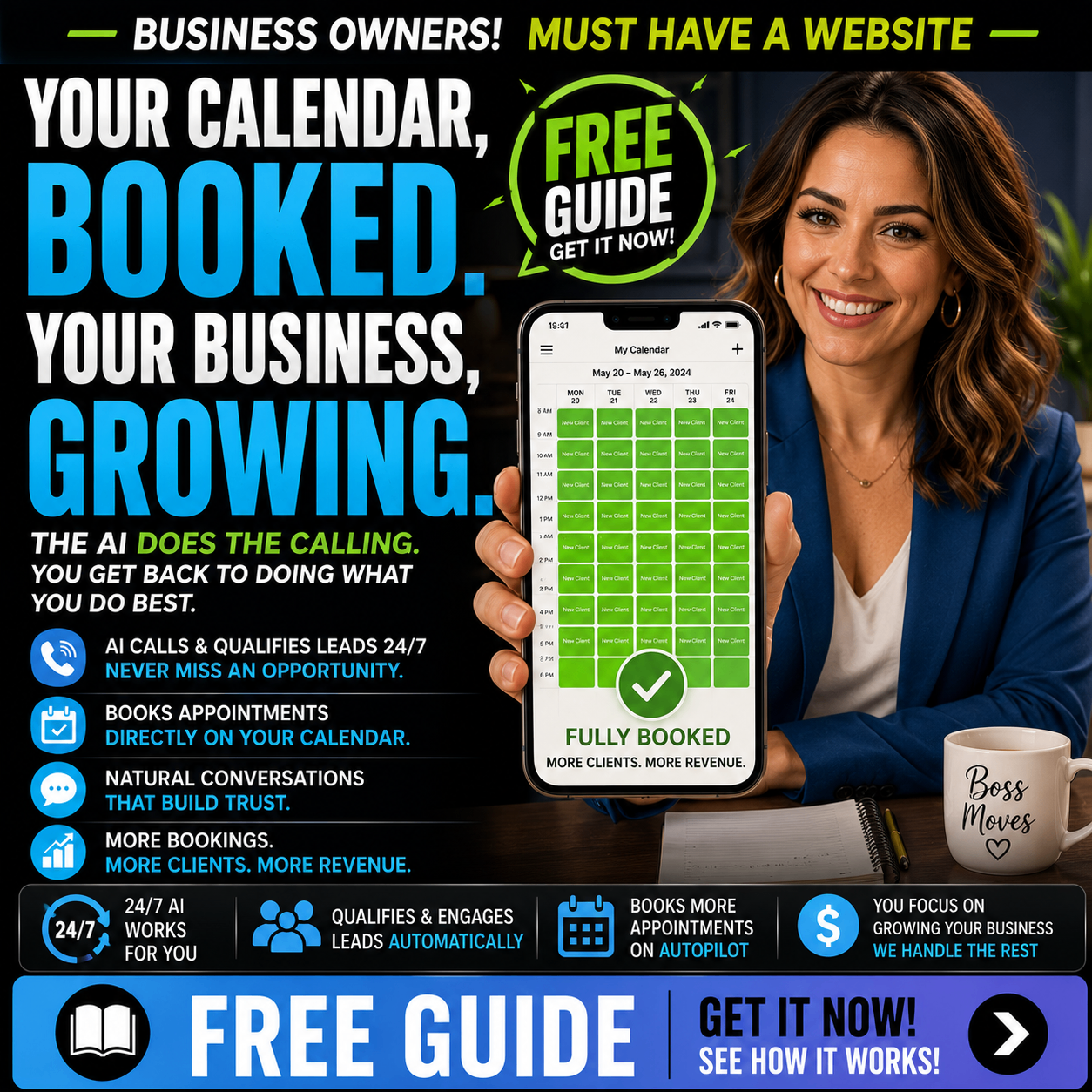 Customer acquisition ad creative showing a fully booked calendar for business growth.