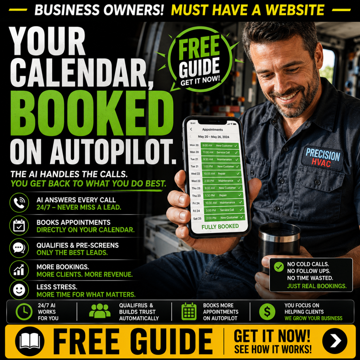 Customer acquisition ad creative for HVAC businesses with a booked-on-autopilot message.