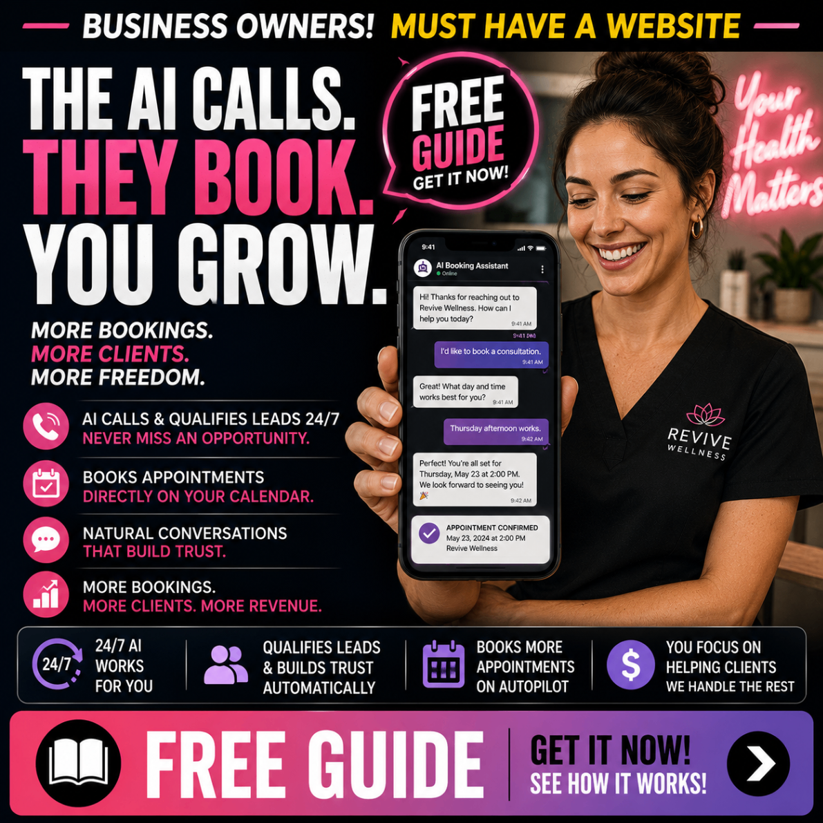 Customer acquisition ad creative for wellness businesses with bright pink appointment-booking messaging.