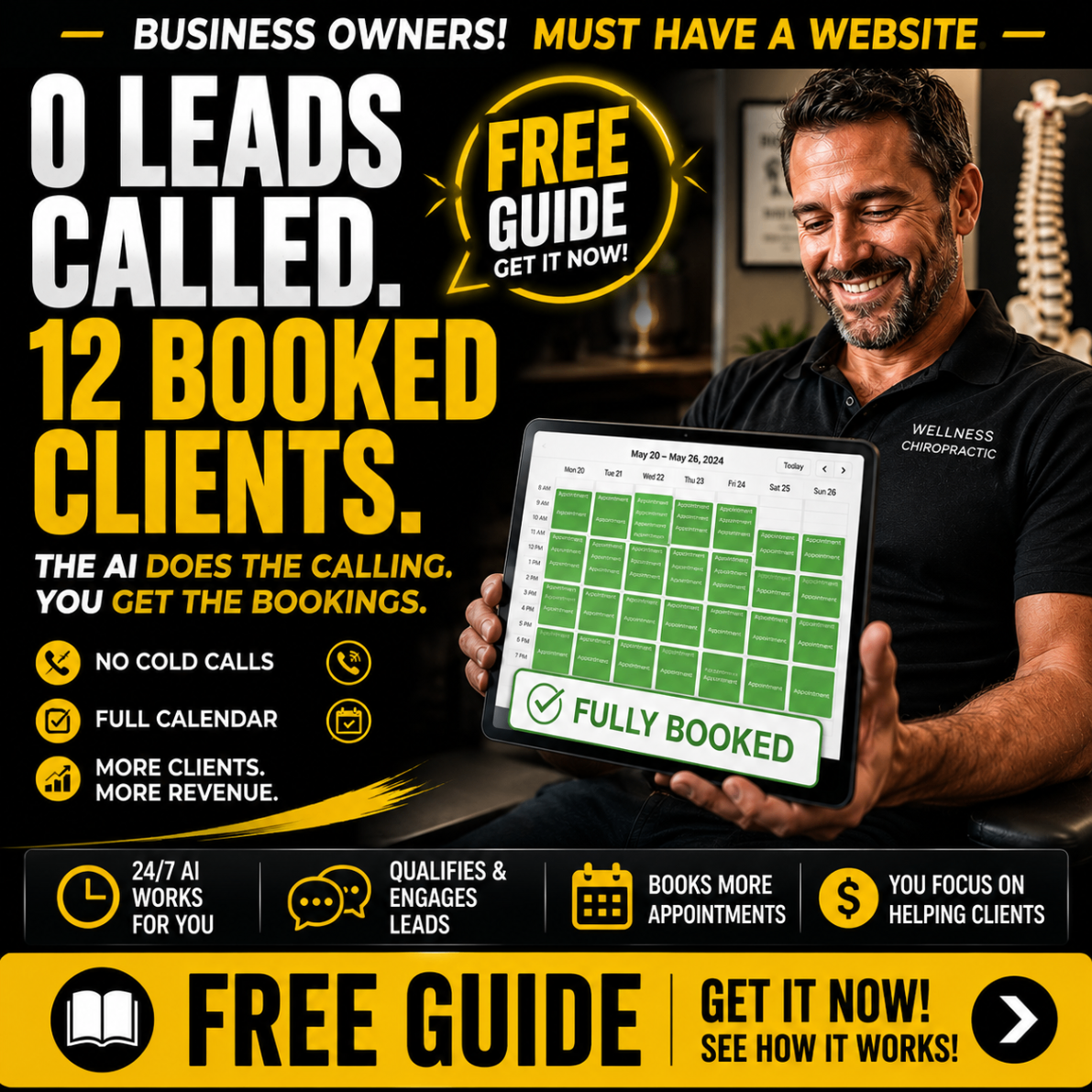 Customer acquisition ad creative highlighting booked clients and fully booked calendar results.