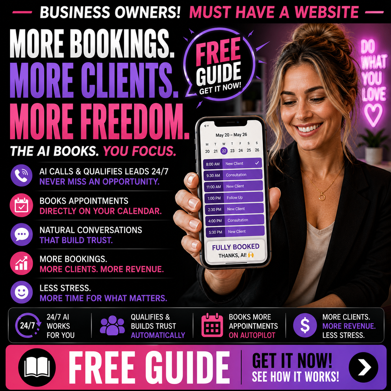 Customer acquisition ad creative with vibrant purple and pink messaging about more bookings and more freedom.